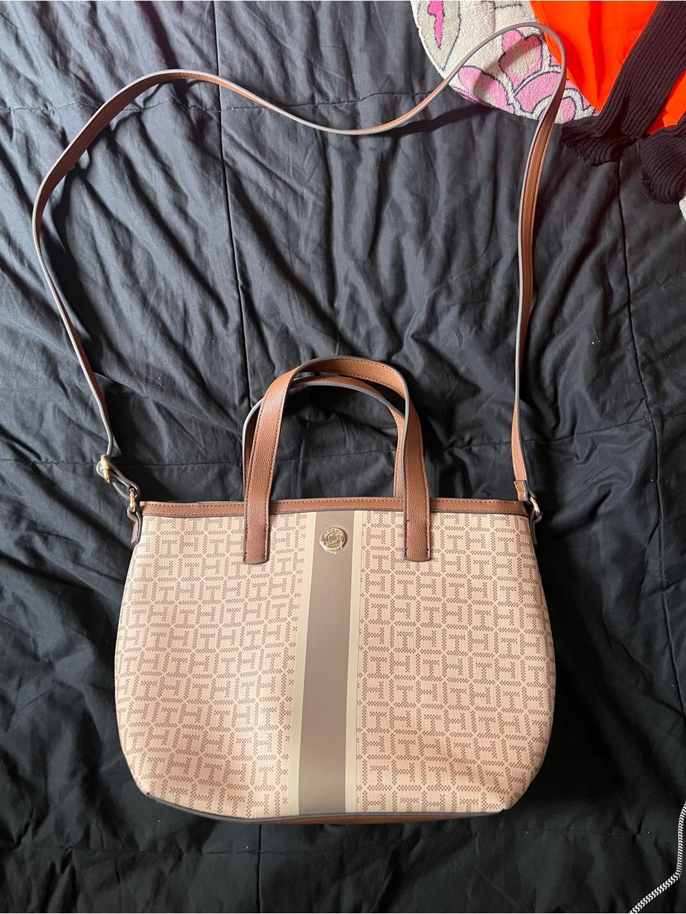 Pink and Brown Monogram Shoulder Tote with Crossbody Strap
